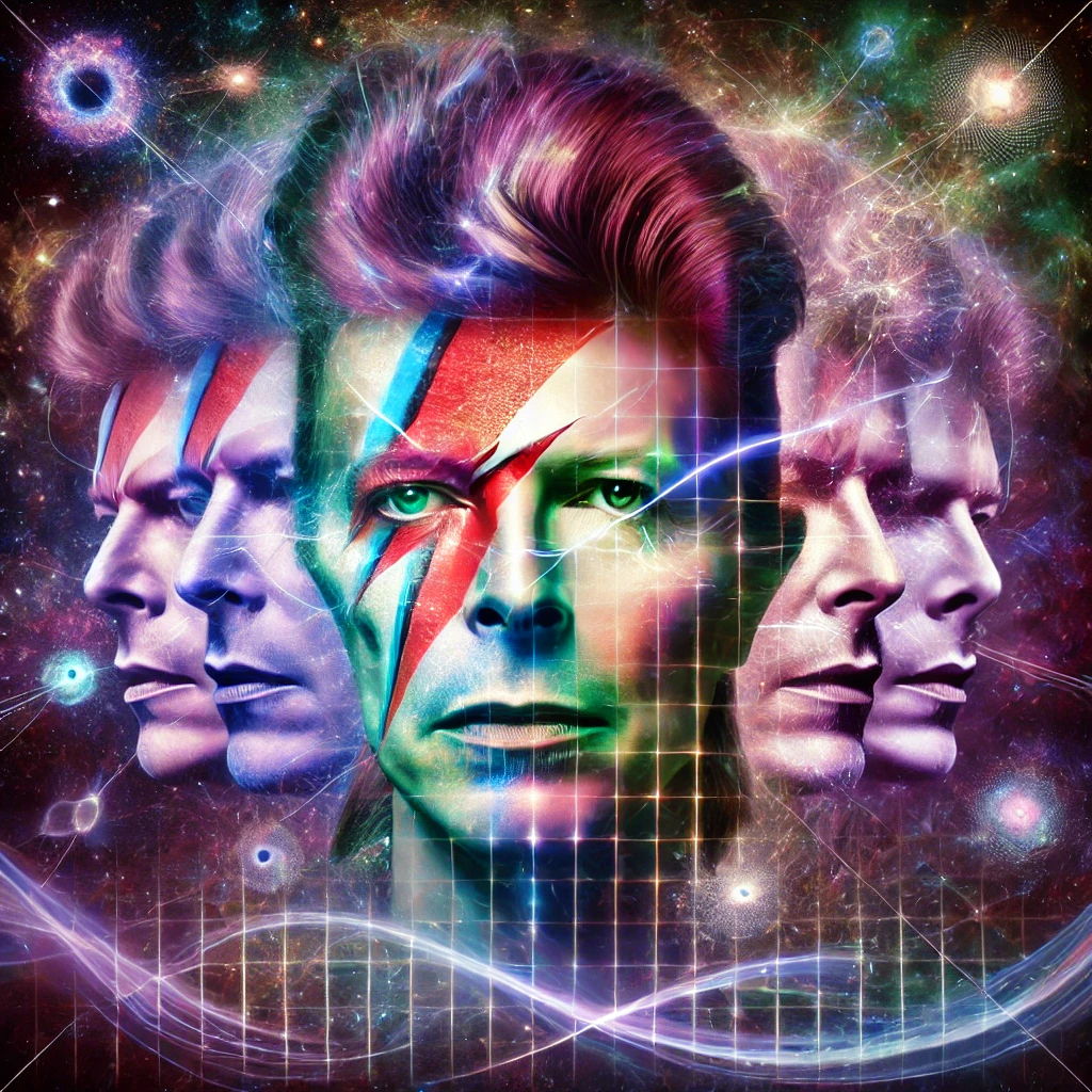 Surreal artwork of David Bowie's face fragmenting across quantum dimensions, blending his various personas in a cosmic, psychedelic style.