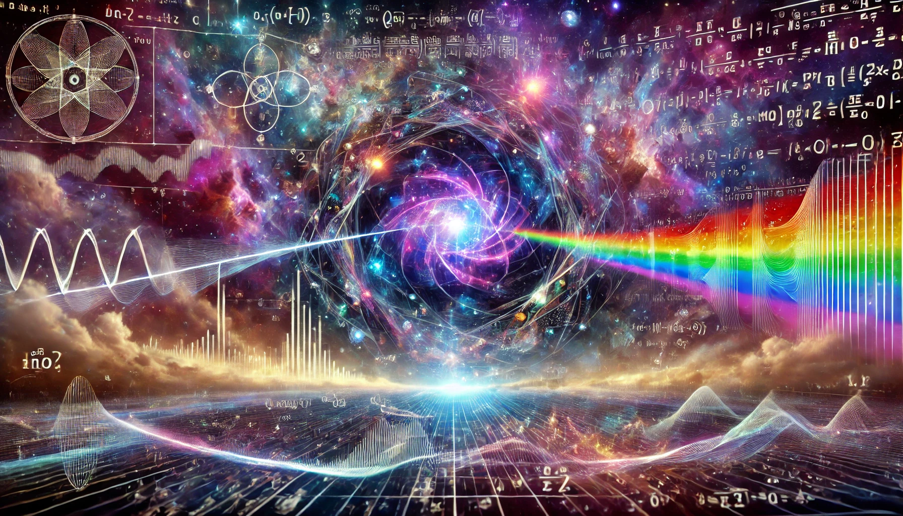 Surreal quantum physics landscape with a prism refracting light into musical sound waves and quantum particles, set against a cosmic background featuring nebulae, floating mathematical equations, and subtle Pink Floyd band member silhouettes