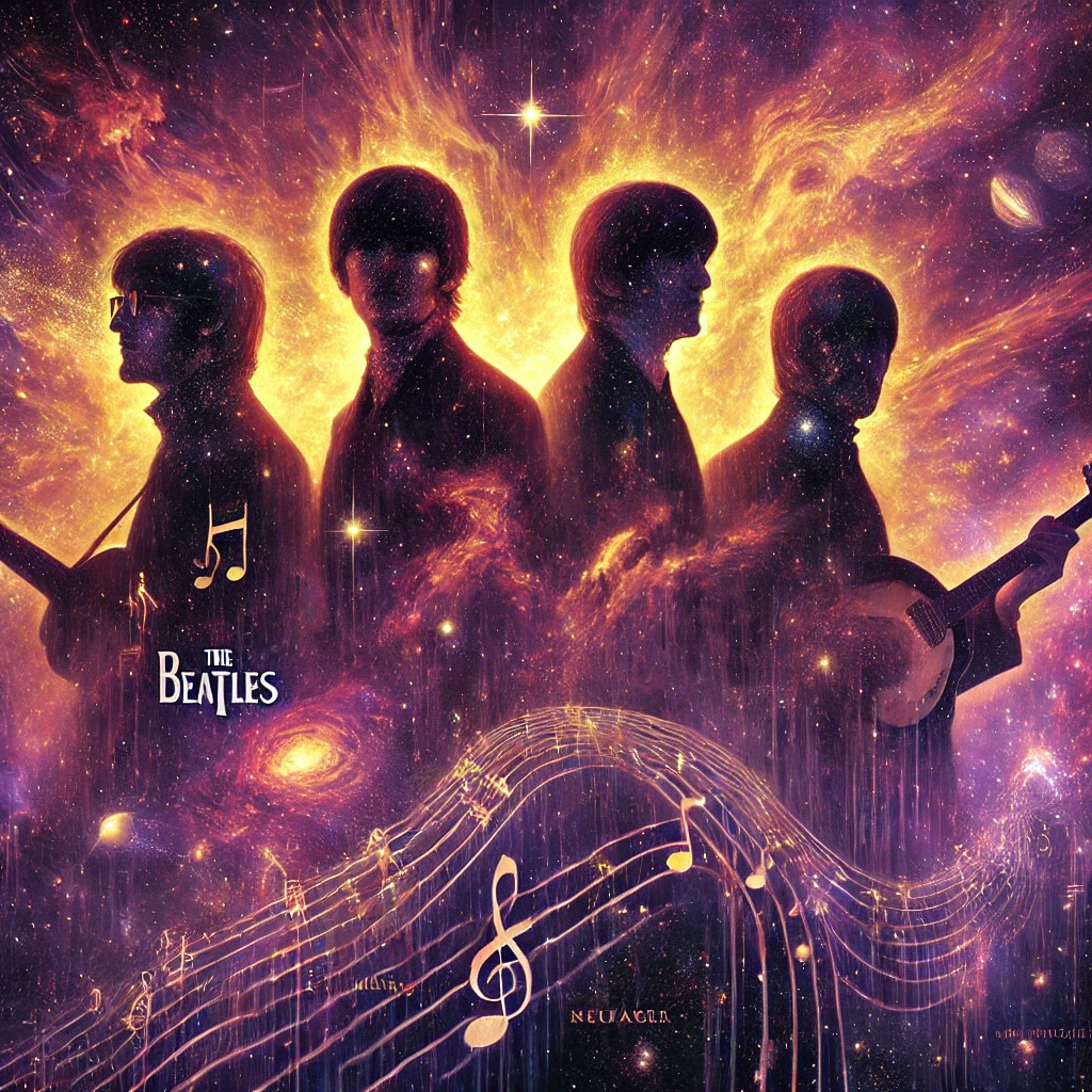 Surreal cosmic portrait of The Beatles as interstellar messengers, with their silhouettes emanating musical notes and sound waves that transform into galaxies against a swirling purple and gold nebula background.