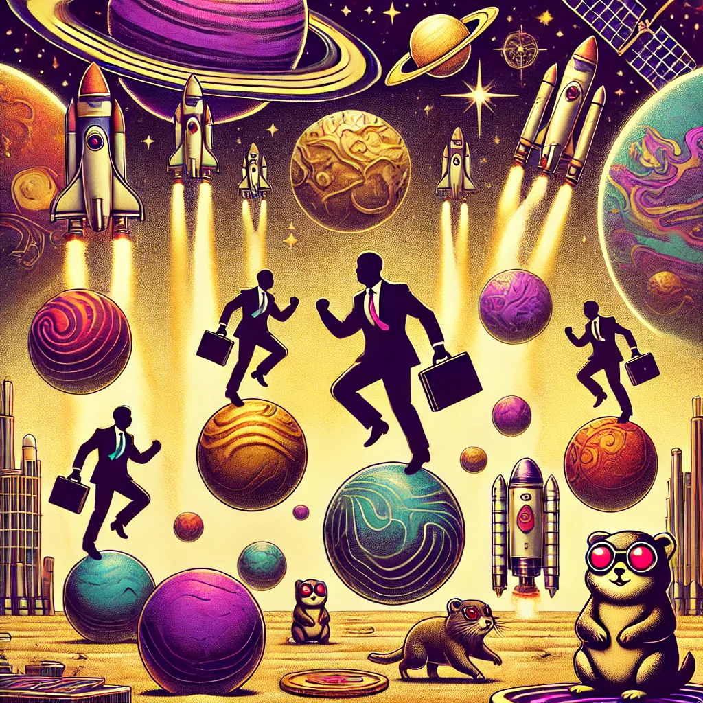 A surreal illustration depicting billionaires in business suits playfully leaping between planets in a cosmic playground, with luxury rockets and satellites orbiting around them. The scene uses The Blazed Burrow's signature deep purple and golden colors against a warm cream background. Toker T. Gopherson, a stoned cartoon gopher mascot with red eyes, observes the cosmic game from a small asteroid in the corner, adding the site's characteristic humorous touch to this visualization of the billionaire space race.