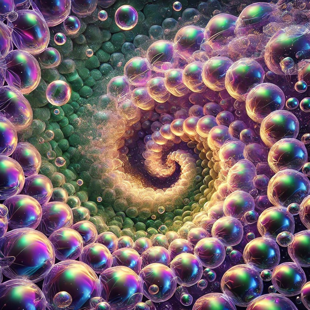 A surreal close-up of bubble wrap warping spacetime, with quantum particles emerging from popped bubbles in a spiral pattern reminiscent of both a galaxy and neural networks. Deep purple and sage green swirls frame golden-lit bubbles, creating a bridge between everyday objects and cosmic phenomena.