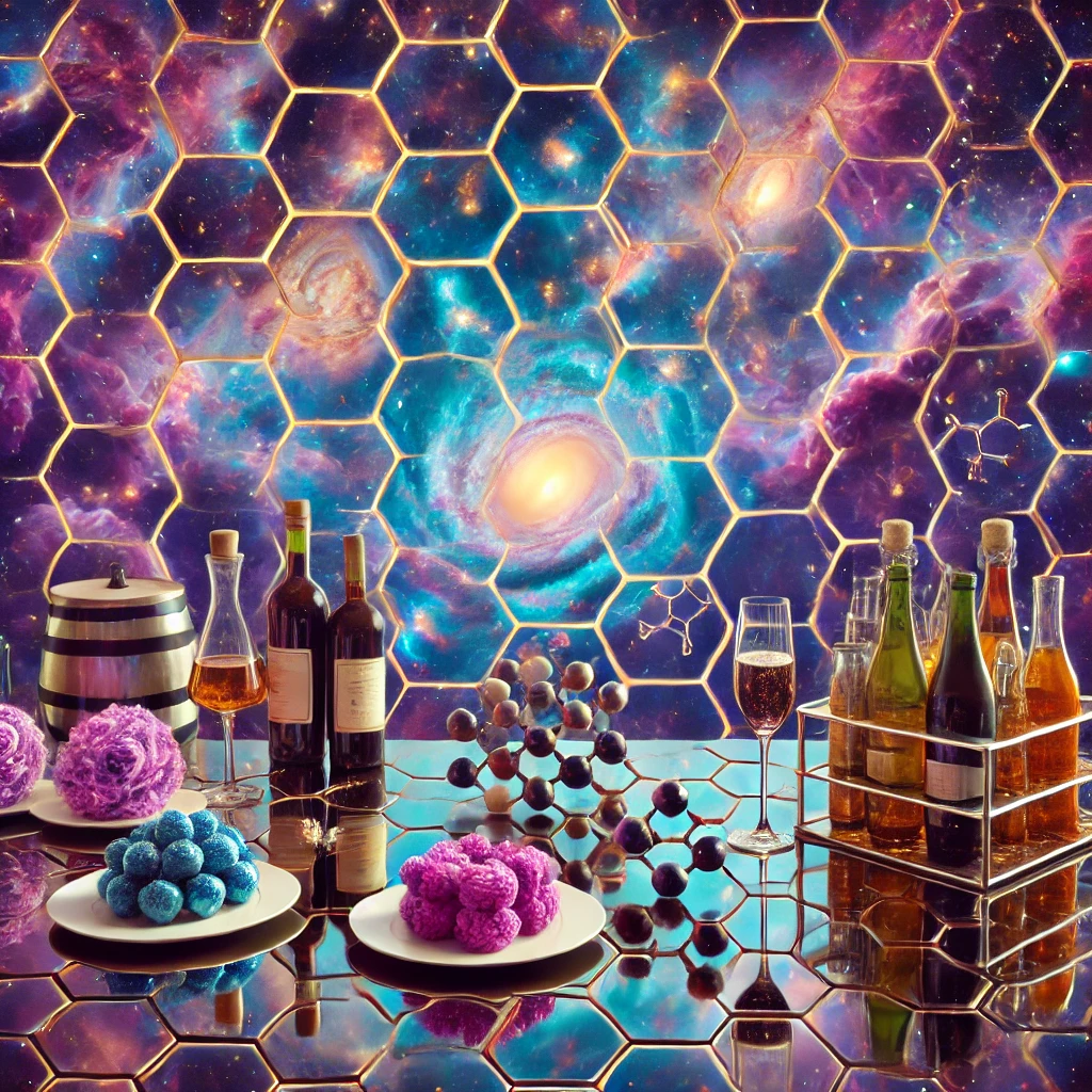 A surreal cosmic bar scene viewed through James Webb Space Telescope's hexagonal frame, featuring a nebula-cloud counter displaying organic molecule structures like appetizers on galaxy-plate displays, with nebulae stored in bottle-like containers against a starlit background.