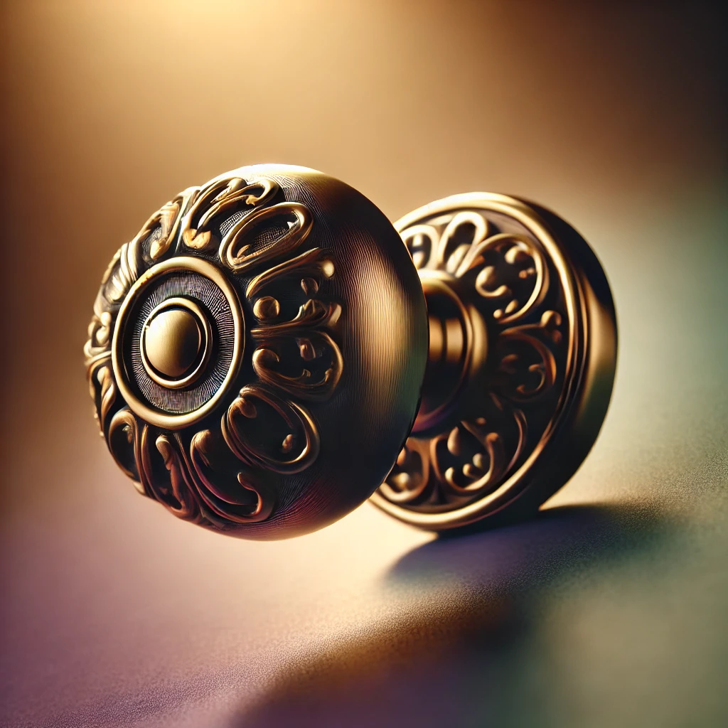 A beautifully detailed vintage brass doorknob photographed against a gradient background flowing from deep purple to sage green. The doorknob features ornate Victorian patterns and catches light on its polished surface, creating an artistic still life composition.