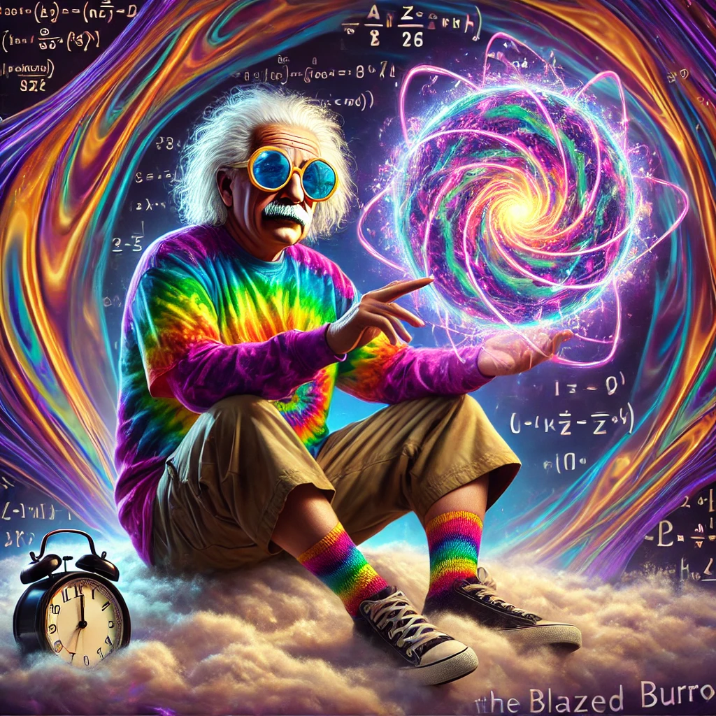 Einstein sits on a cosmic cloud, wearing tie-dye and sunglasses, holding a bong, surrounded by warped space-time, melting clocks, and floating mathematical equations - a surreal visual representation of relativity theory