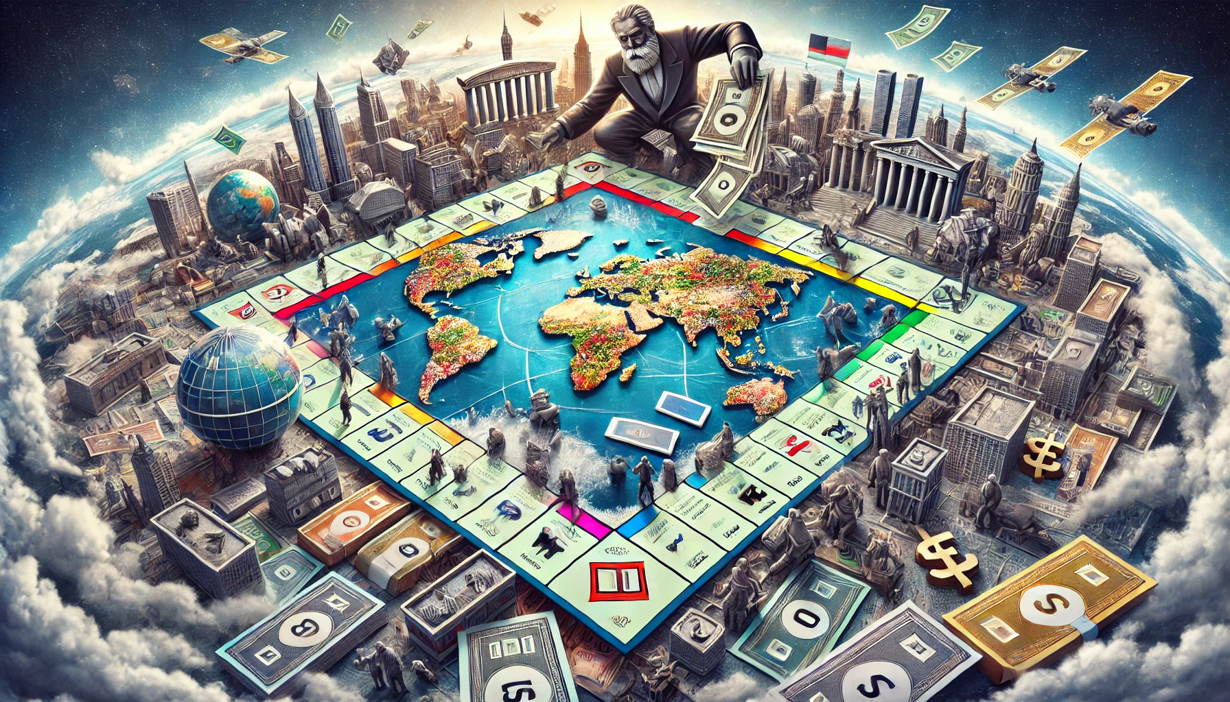 Surreal Monopoly board representing the global economy, with countries as properties, world leaders as players, and inflation symbolized by endless money printing.