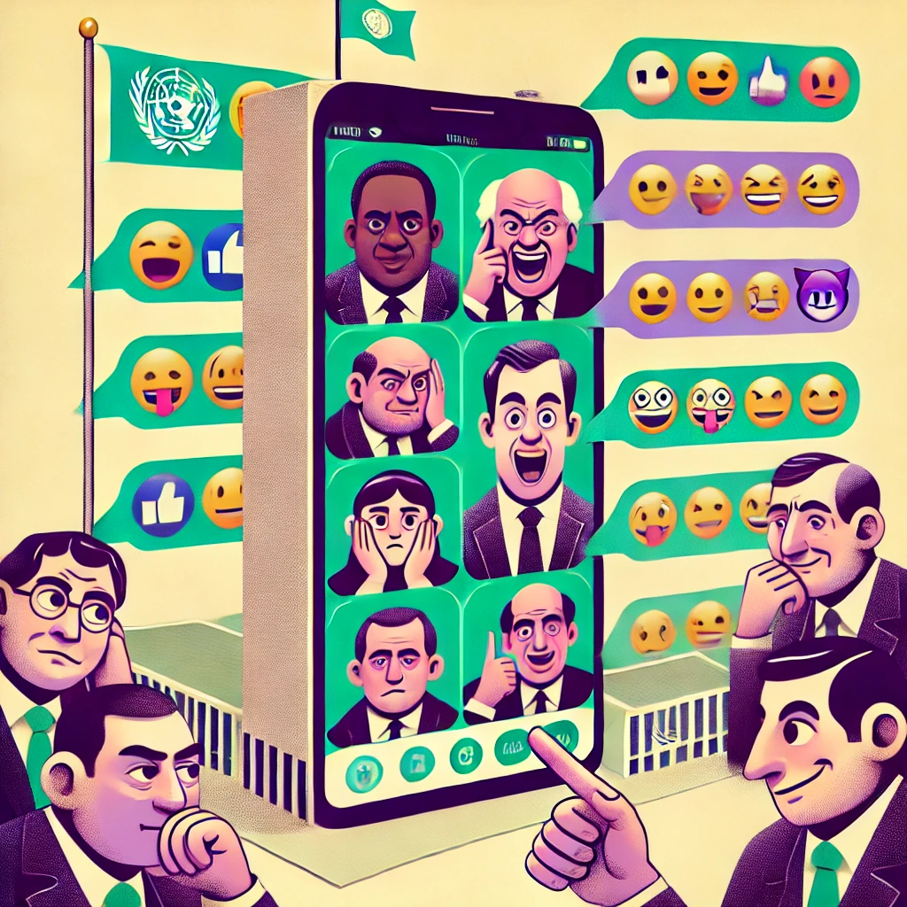 Humorous illustration of world leaders in a giant smartphone group chat, exchanging messages and emojis with the UN building as an app icon.