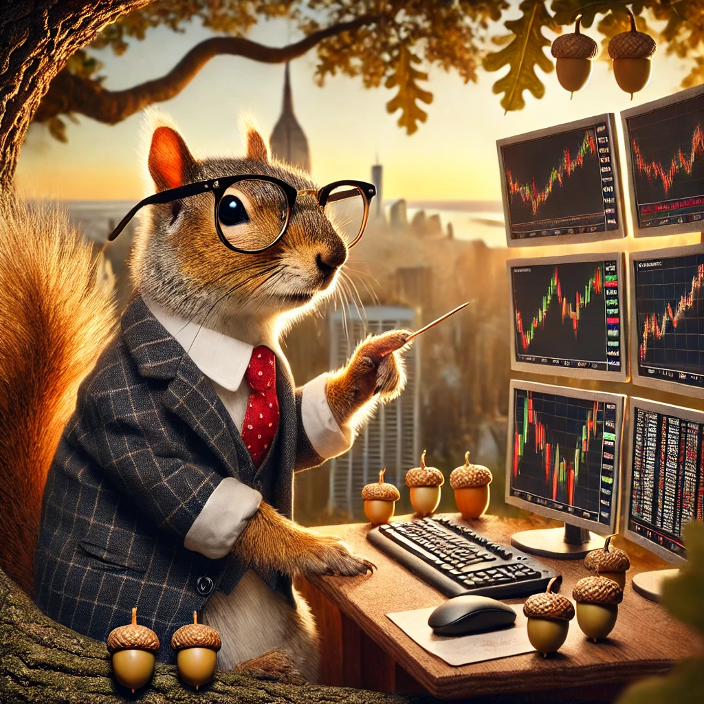 A professional squirrel in a business suit demonstrates nature's economic lessons from a treetop trading desk, analyzing acorn-based stock charts against the NYC skyline