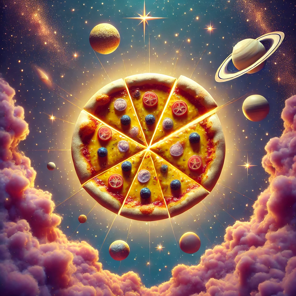 A stylized pizza floating in a purple and gold cosmic background, with slices containing stars and galaxies instead of traditional toppings, visually representing the connection between everyday food and universal philosophy.