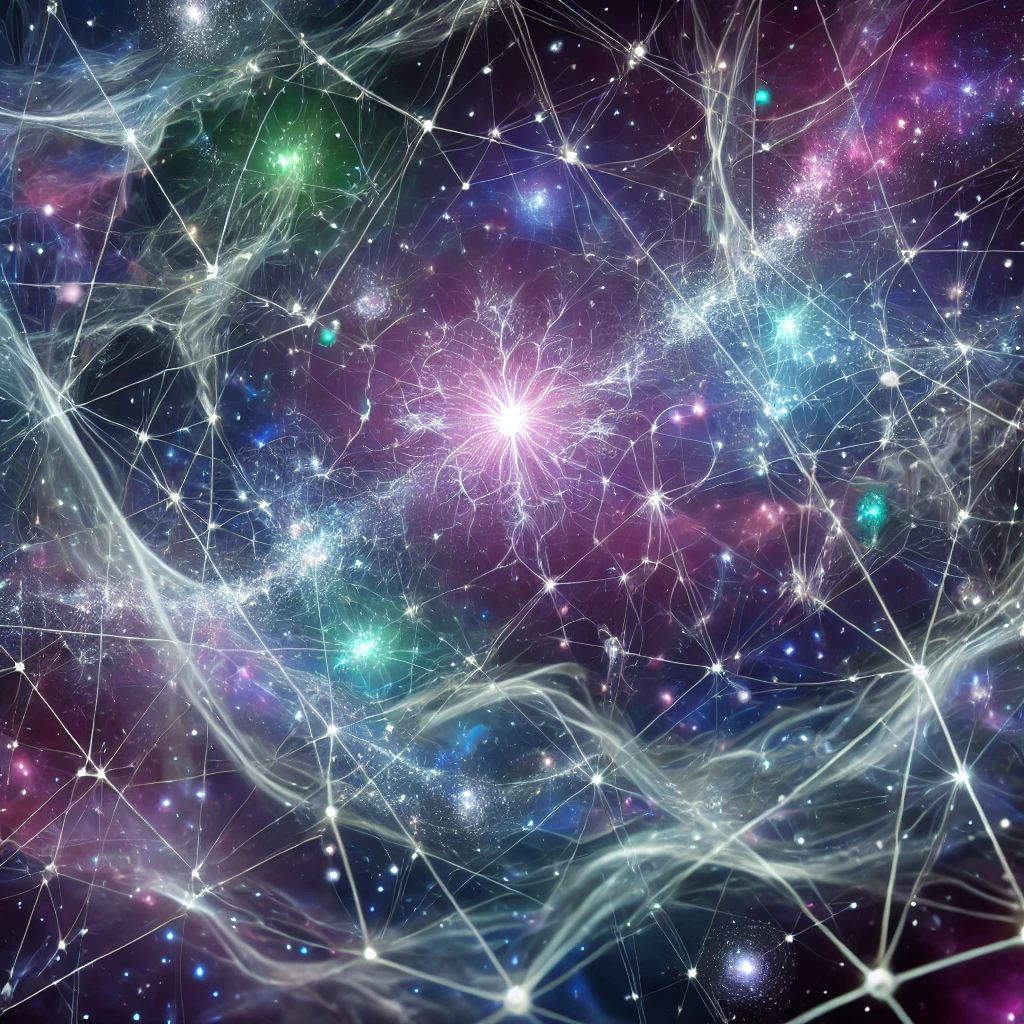 Glowing interconnected particles form a complex cosmic network against a dark starry background, representing quantum entanglement with luminescent threads of purple, blue, and green connecting floating subatomic particles