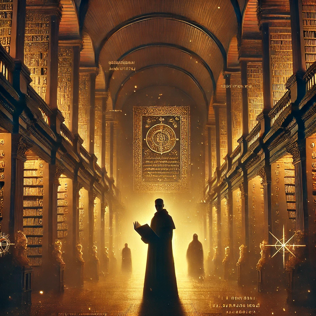 A mysterious librarian in a grand, ancient library holding an illuminated scroll, surrounded by towering bookshelves and glowing manuscripts, symbolizing hidden knowledge and historical influence.