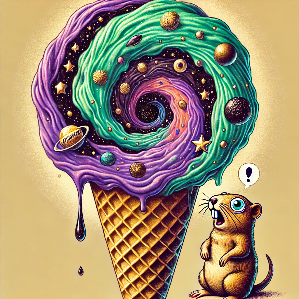 A surreal, cosmic ice cream cone with swirling purple and green galaxy patterns containing floating ice cream flavor names. The cone appears to be a portal to another dimension, with The Blazed Burrow's mascot, Toker T. Gopherson, gazing at it in stoned wonder. The dreamlike illustration captures the weird world of ice cream nomenclature with playful psychedelic flair.