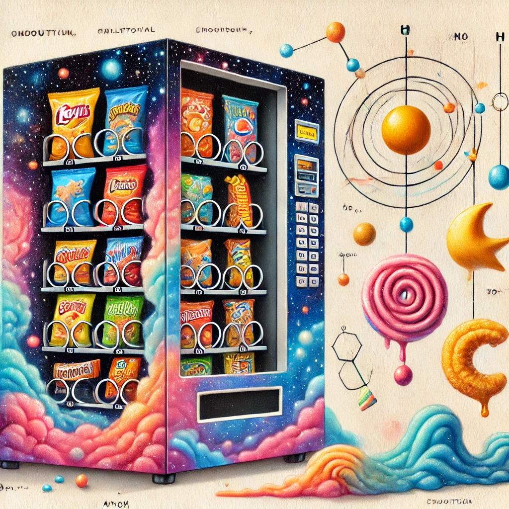 Artistic illustration of a vending machine as a cosmic philosophical diagram, with snacks arranged like celestial bodies, surrounded by abstract thought symbols