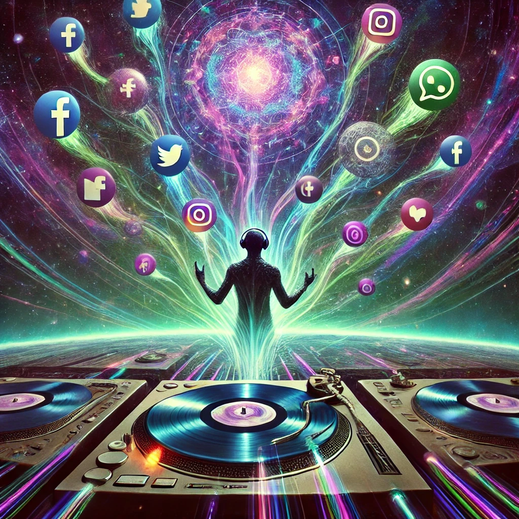 A surreal cosmic DJ booth floating in space mixing social media platform logos as if they were vinyl records, with colorful data streams flowing upward from smartphones below. The mysterious multi-armed DJ represents algorithms manipulating our personal information in this psychedelic digital landscape.