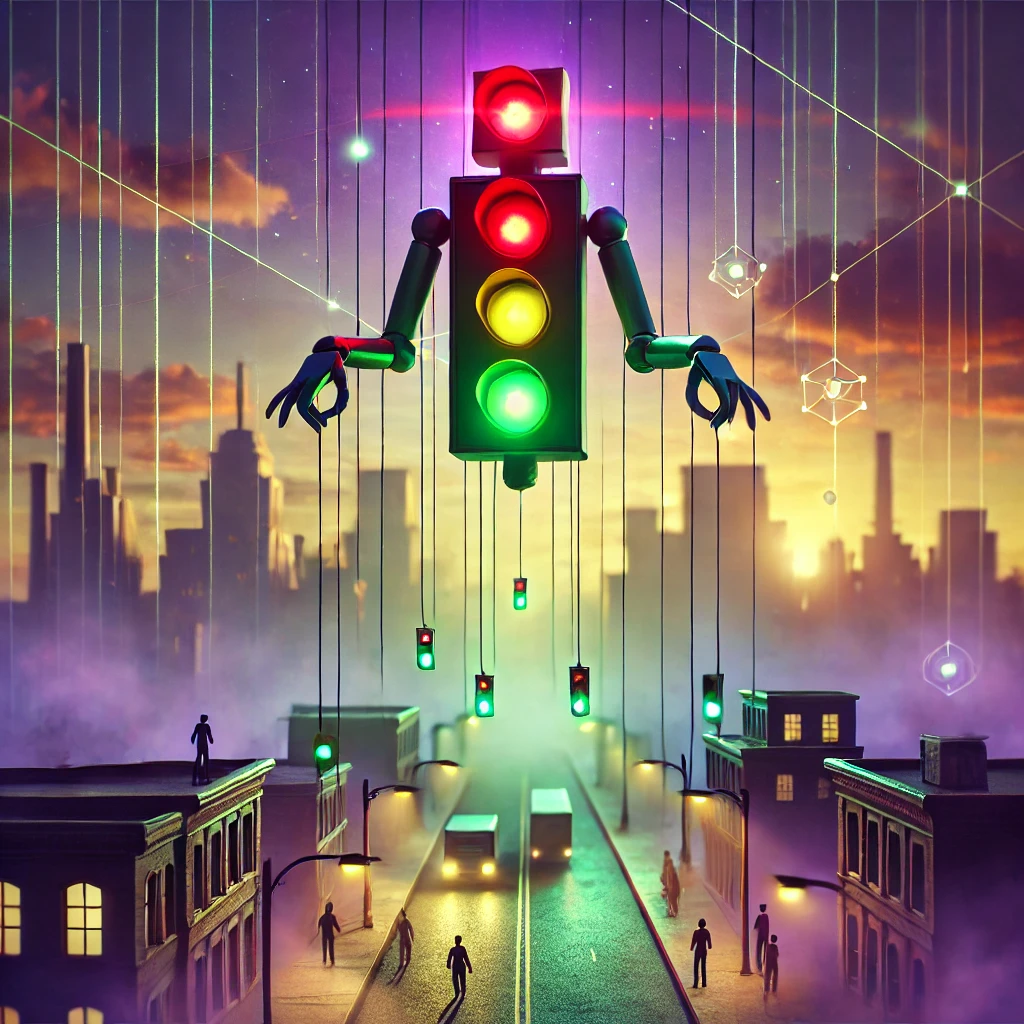 A surreal traffic light hovering above a city, emitting colorful beams that connect to people below, suggesting the manipulation of urban consciousness through everyday infrastructure.