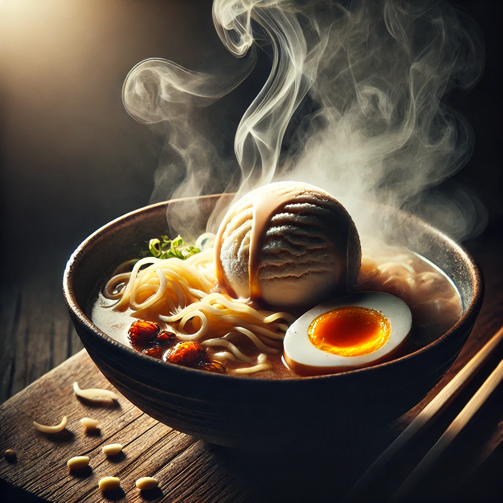 Artistic photograph showing a scoop of ice cream melting into a bowl of ramen noodles, creating an unexpected culinary combination.