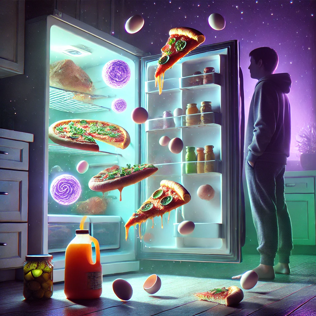 A surreal illustration of a person illuminated by refrigerator light at 3 AM, surrounded by floating bizarre food combinations in a dreamy purple-green atmosphere.