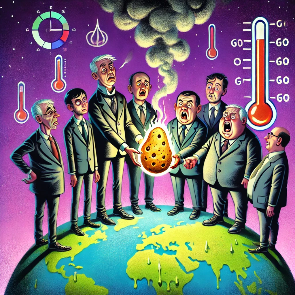 A satirical illustration of nervous world leaders standing on a heating globe, frantically passing a glowing, smoking 'climate hot potato' between them while avoiding responsibility. The potato features climate crisis symbols and the planet beneath them shows signs of warming. The image uses The Blazed Burrow's signature purple and green color palette.