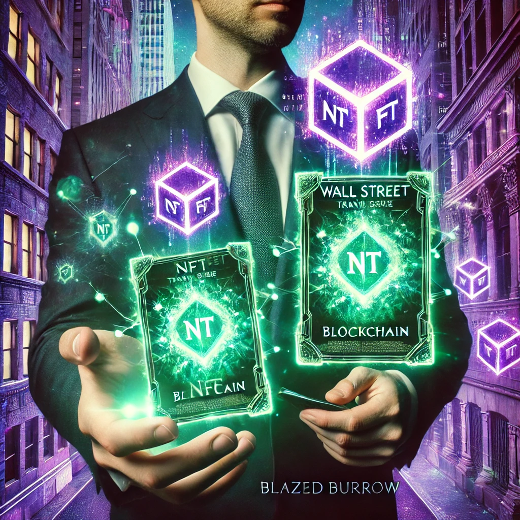 A Wall Street banker holding glowing NFT cards with blockchain code against a surreal purple and green cityscape with floating digital art.