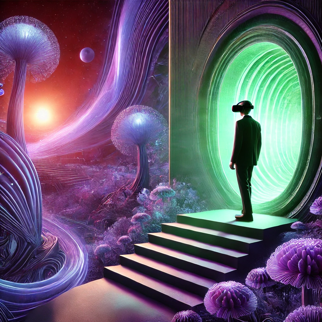 A surreal illustration of a person at the threshold between physical reality and the digital metaverse, featuring The Blazed Burrow's signature colors.