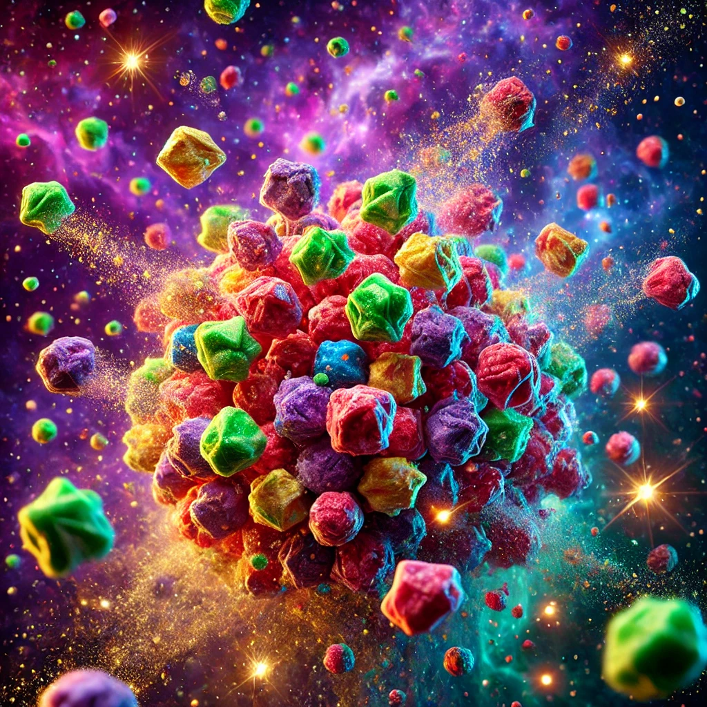 Surreal cosmic image of Pop Rocks candy floating in space, with colorful crystals exploding with tiny gas bubbles against a deep purple nebula background. Golden sparkles and green accents surround the candy, creating a magical yet scientific visualization of the explosive candy sensation described in the article.