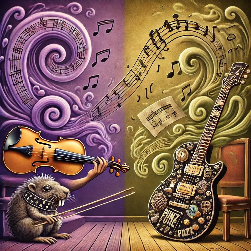 Surreal genre fusion artwork showing classical violin and punk guitar merging through jazz saxophone notes, with musical notation transforming between styles. The Blazed Burrow's mascot, Toker T. Gopherson, watches from the corner with wide, amazed eyes. Deep purples and sage greens dominate the psychedelic composition as musical worlds collide.