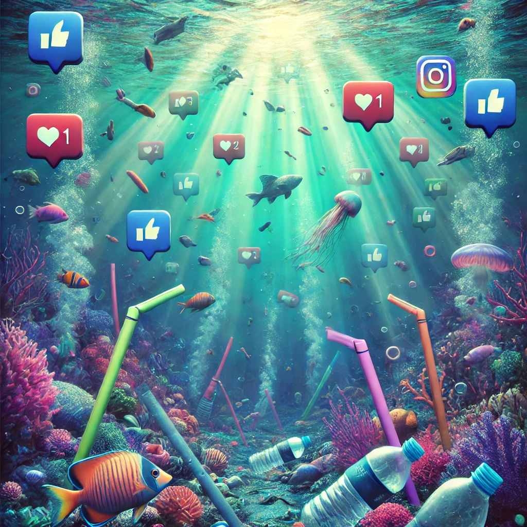 Surreal digital artwork depicting an underwater ocean scene styled as a social media feed. Marine creatures swim among floating plastic debris and microplastics that resemble Instagram notification icons. The haunting yet beautiful image uses deep purple and teal tones, with light rays filtering through the polluted water, visually representing the article's theme of ocean plastic pollution.