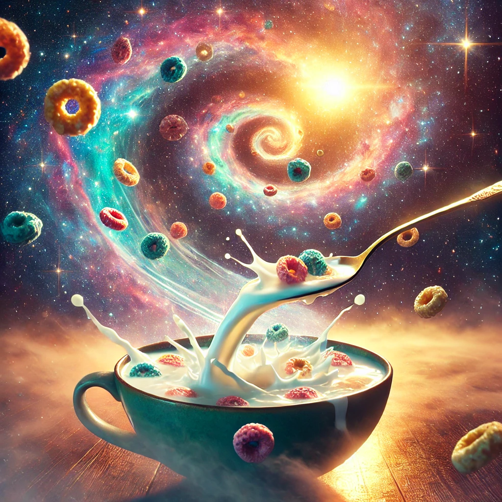 A surreal cosmic breakfast meditation scene featuring a floating cereal bowl in space with milk forming a zen spiral pattern. Colorful cereal pieces orbit like tiny planets while a golden spoon reflects starlight, capturing the essence of mindful cereal eating meditation.