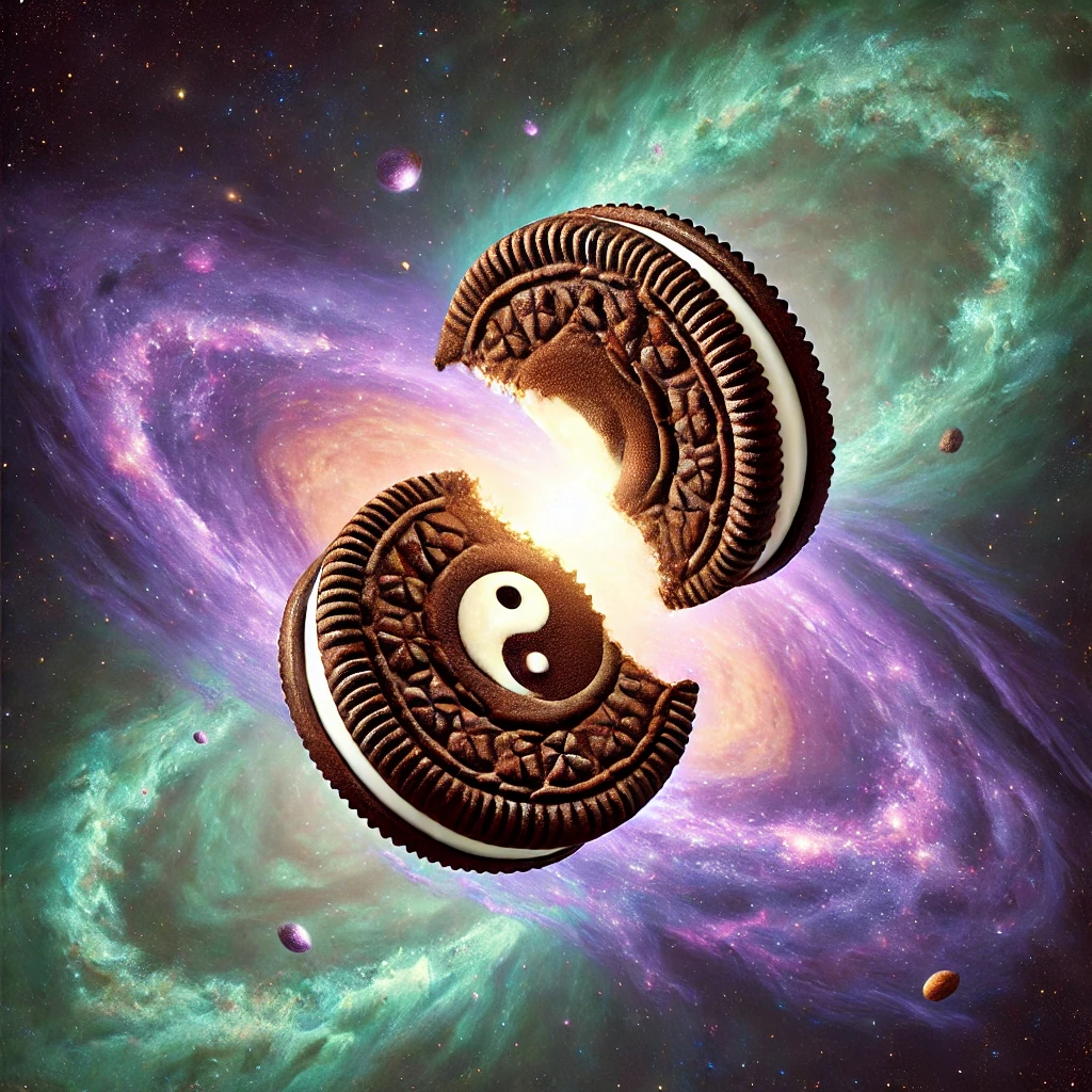 A cosmic chocolate sandwich cookie floating in space, partially opened to reveal a glowing cream center, surrounded by purple and green nebula clouds - representing the cookie as a metaphor for existence.