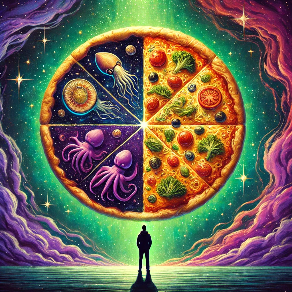 A cosmic pizza floating in purple space with contrasting toppings, symbolizing the philosophy of choice as a silhouetted figure contemplates it.