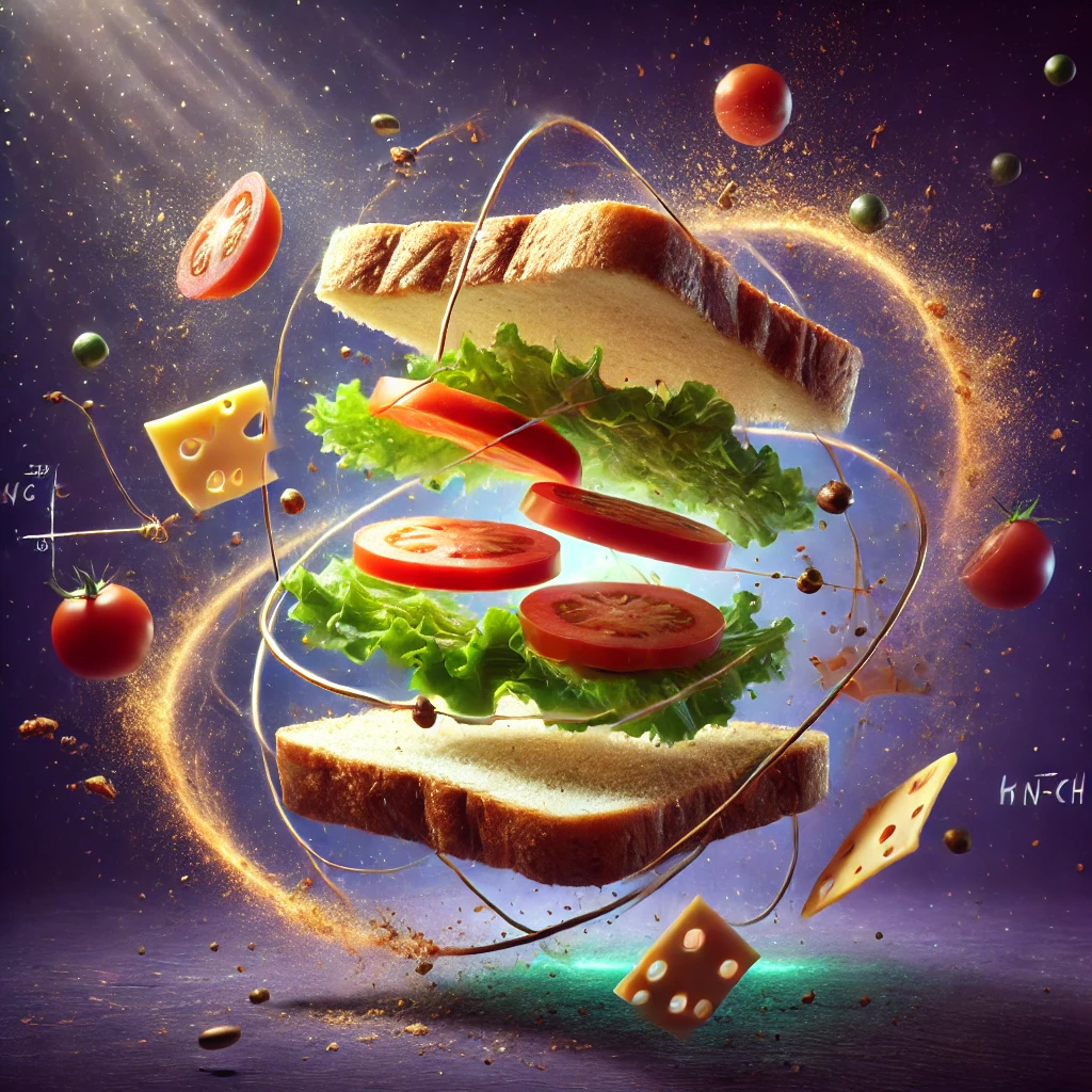 A surreal photorealistic image showing a deconstructed sandwich with ingredients suspended in mid-air in a spiral pattern, resembling a physics experiment or chaos theory visualization against a cosmic purple background.