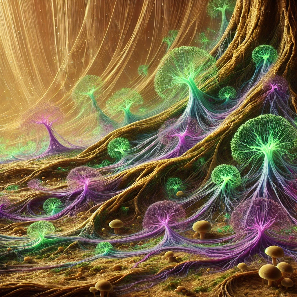 Illuminated underground network of tree roots connected by glowing fungal threads in brand colors, showing plants communicating beneath the forest floor.