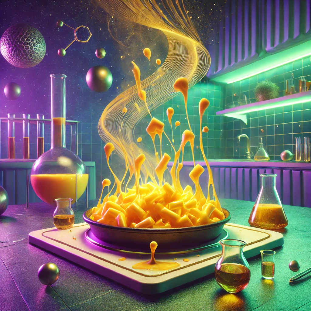 A cosmic mac and cheese creation floating in a psychedelic kitchen laboratory, with golden cheese forming otherworldly patterns under purple and green lighting.